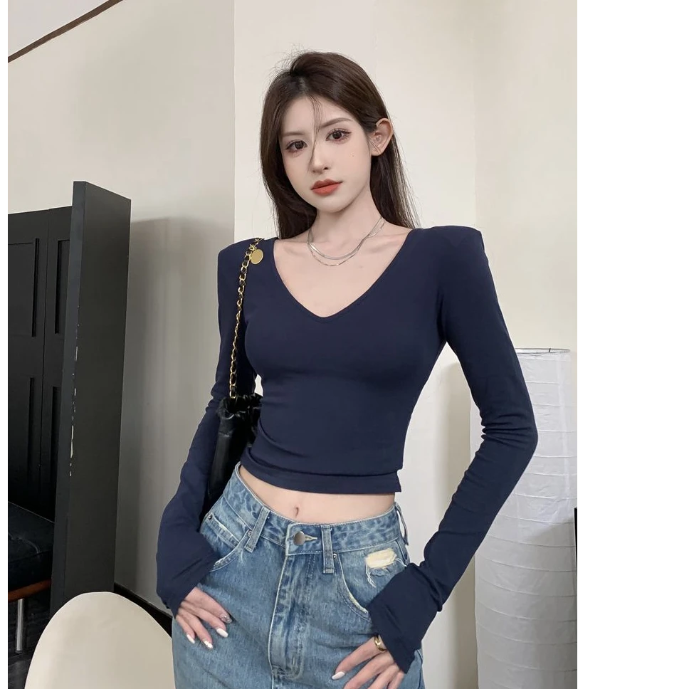 黑色辣妹V领紧身短款上衣女春秋季新款修身内搭正肩长袖T恤打底衫