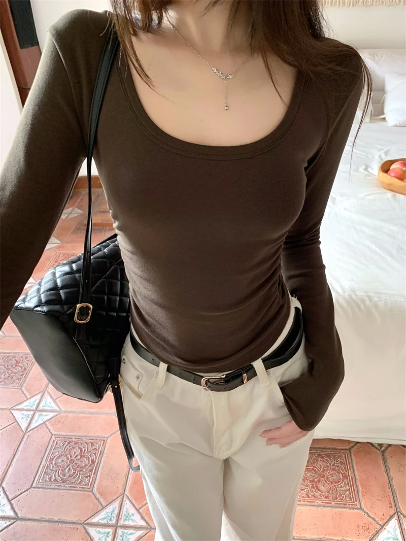 ins韩版u领加绒打底衫秋冬内搭洋气低领收腰短款百搭上衣修身长袖