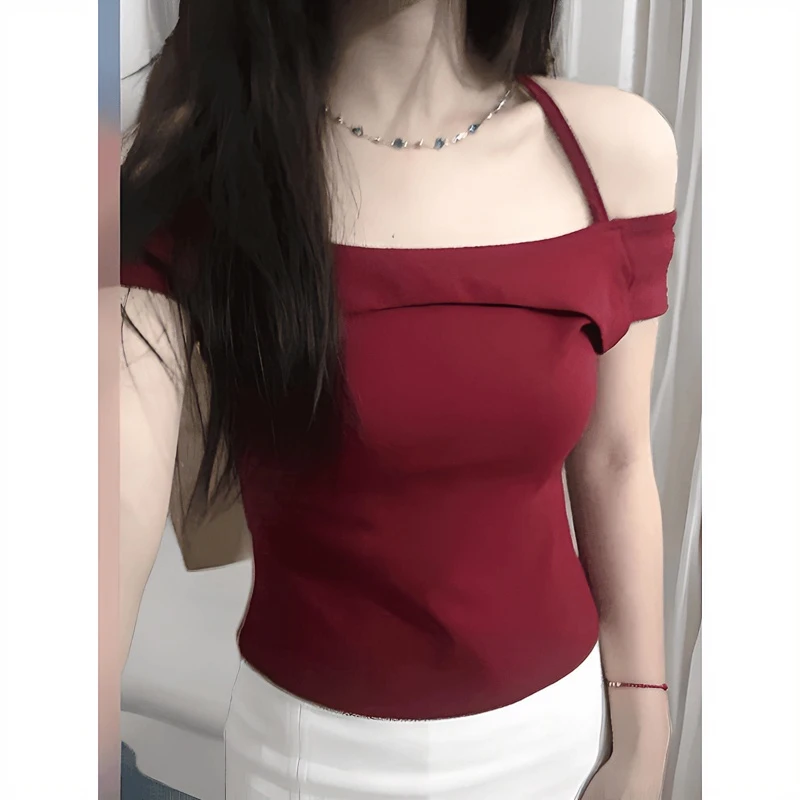 夏季性感法式挂脖露肩短袖T恤女2025新款紧身ins风短款一字肩上衣