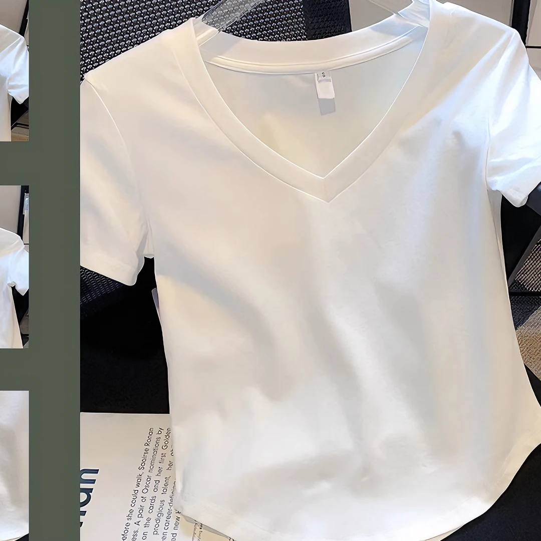正肩短袖t恤女夏季白色修身纯棉显瘦设计感小众不规则洋气v领时尚