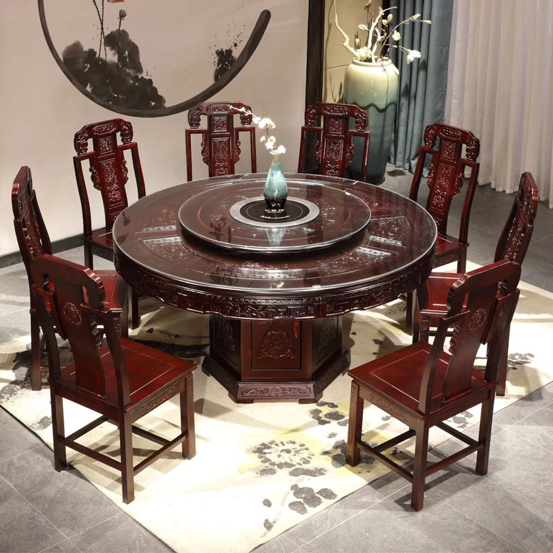 臻轩格【定制链接】全实木仿古雕花圆形餐桌椅组合家用古典餐厅