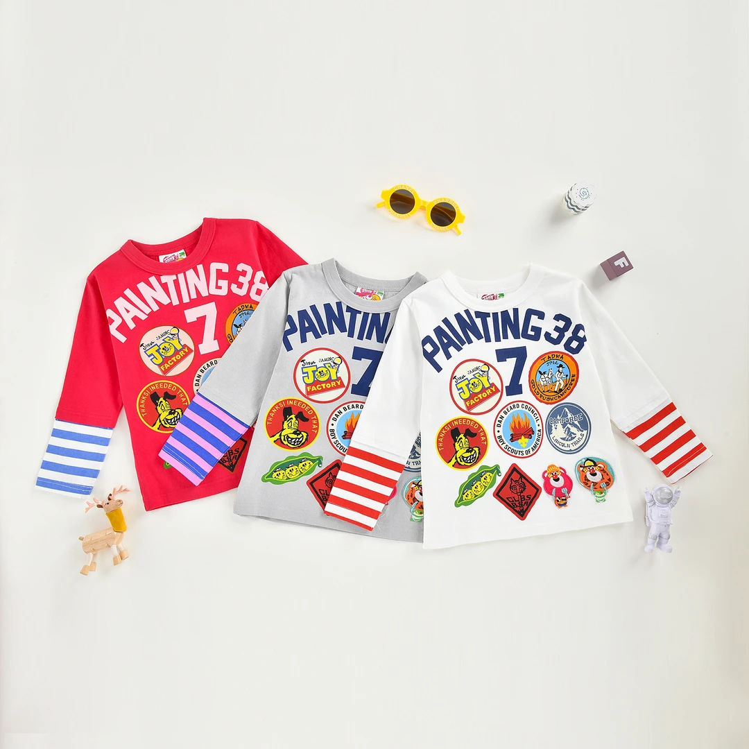 MY24037 中古徽章儿童三色长袖T恤秋季新款