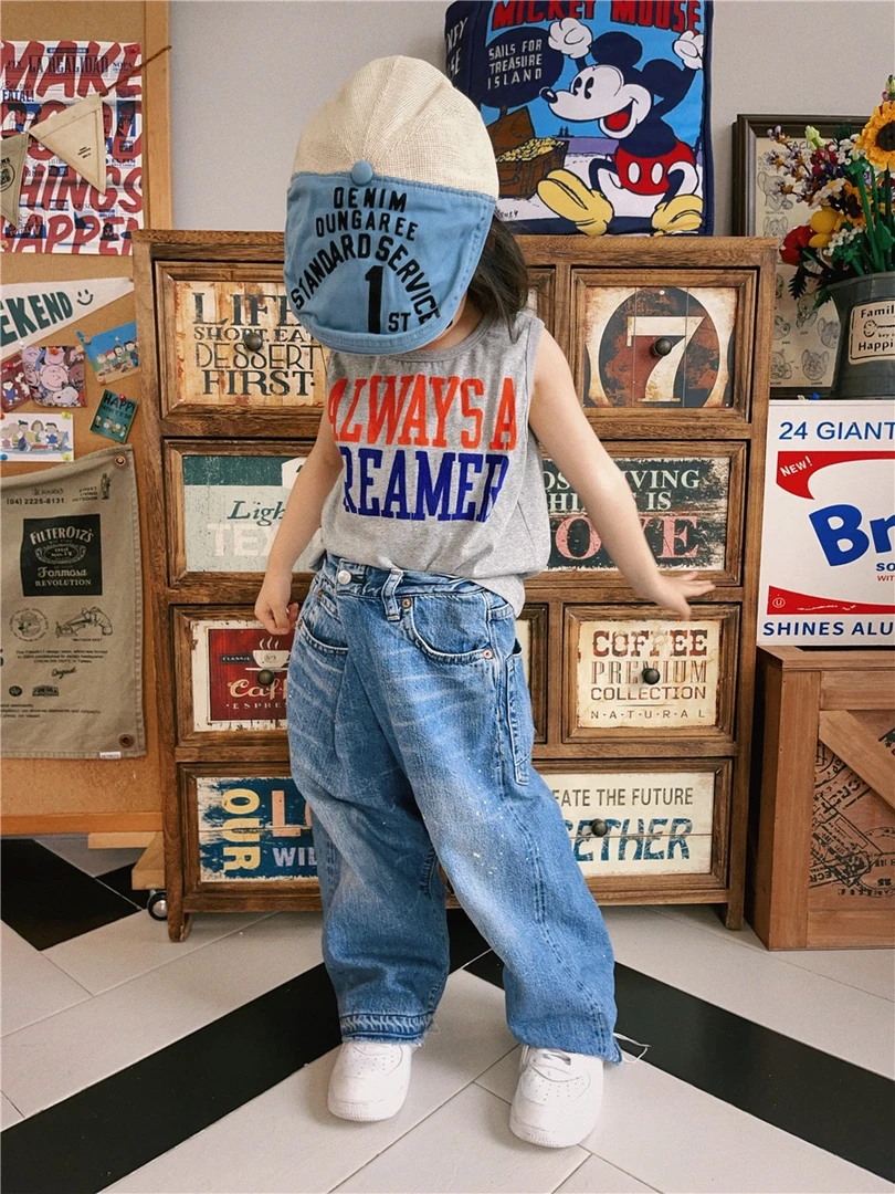 DD 24新款字母龟裂纹无袖背心 双色可选日系儿童时尚百搭无袖背心