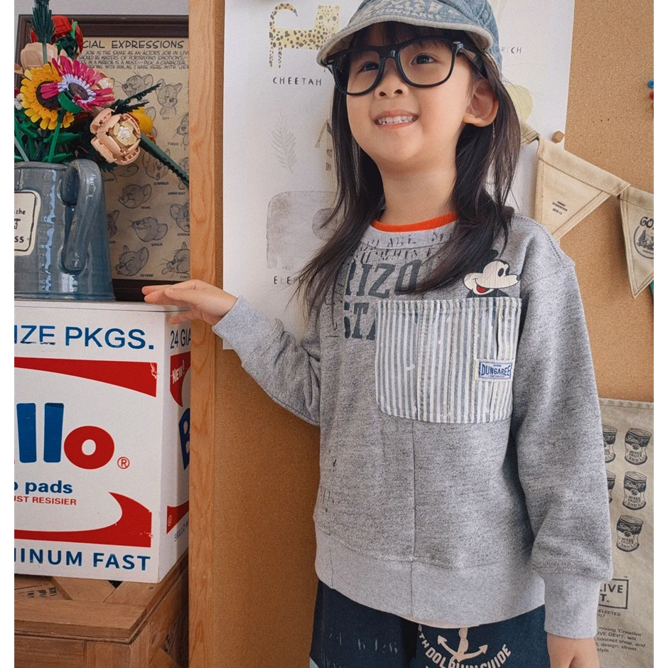 【一彩妈】DD 儿童中古款牛仔口袋圆领卫衣 双色可选 日系洋气卫衣