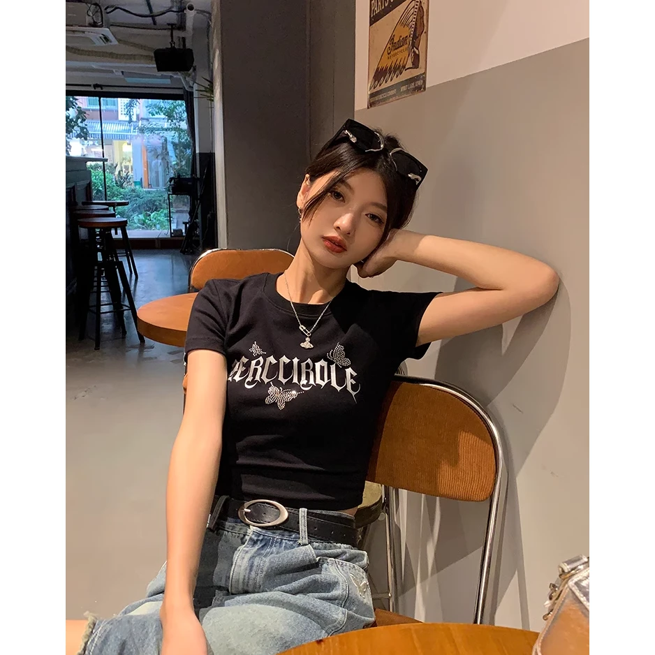 6702微胖mm美式复古黑色正肩短袖t恤女夏季辣妹潮牌圆领紧身上衣