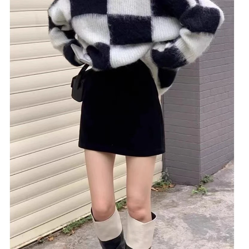 【超显瘦】冬季毛呢短裙百搭黑色包臀裙A字半身裙微胖mm显瘦裙子