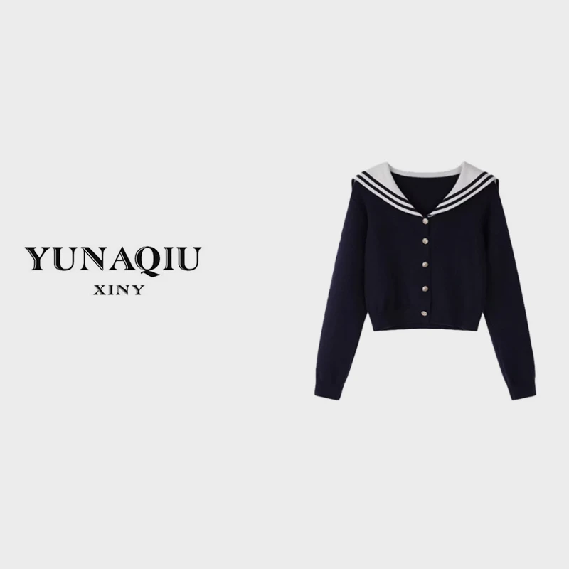YUNAQIU 海军领长袖针织开衫女2023新款设计感毛衣藏青上衣-6036