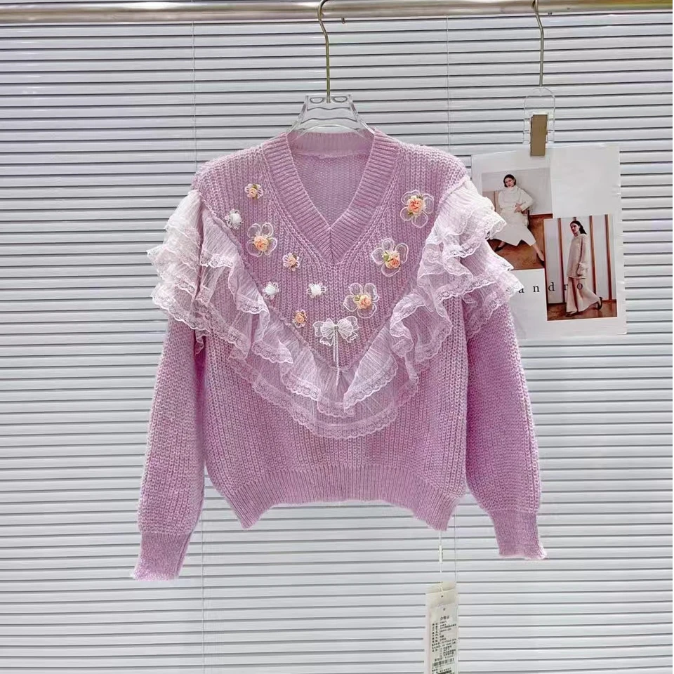（小铃铛）YINAFU 035-233韩版休闲甜美刺绣宽松百搭慵懒风针织衫