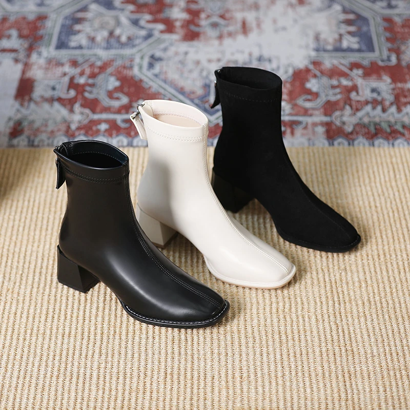 粗跟方头短靴女瘦瘦靴白色马丁靴女英伦风2022秋冬新款小众炸街
