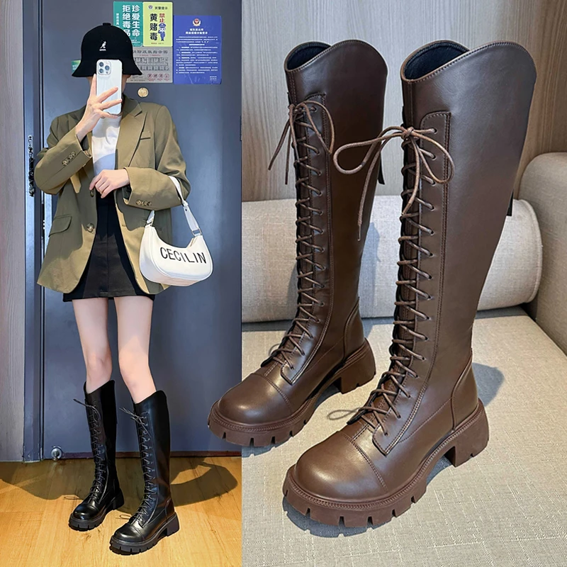 长筒靴女棕色骑士靴胖mm大筒围长靴粗腿高筒靴粗跟大码女靴子秋冬