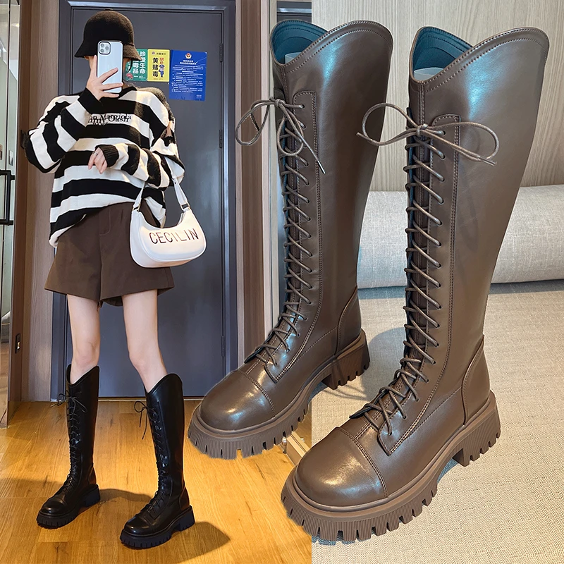 厚底棕色长筒靴v口骑士靴小粗腿长靴胖mm显瘦高筒靴靴子女长筒靴