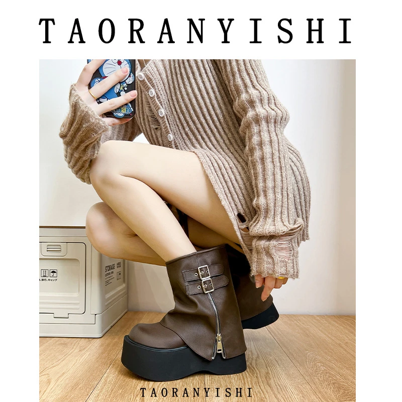 小个子厚底裤管靴女小众设计侧拉链马丁靴复古增高短靴小码323334