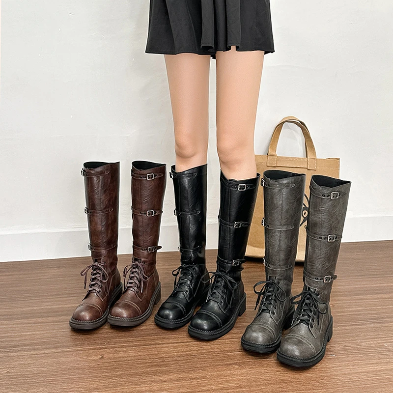 棕色骑士靴女2025不过膝长筒靴高筒西部牛仔靴复古机车大码女靴子