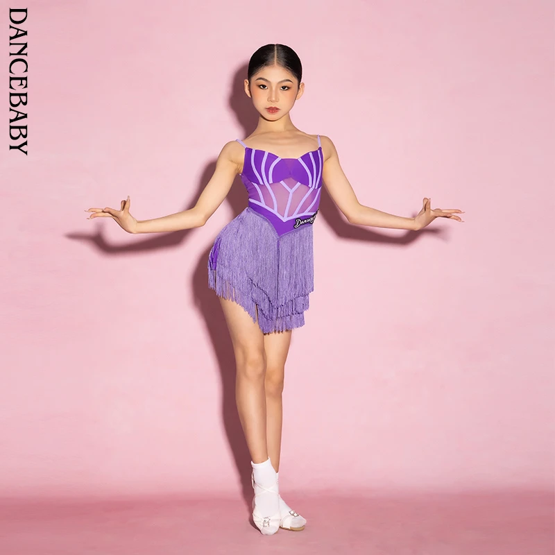 Dancebaby林意涵同款拉丁舞2024新款表演服拼色吊带流苏裙DAS525