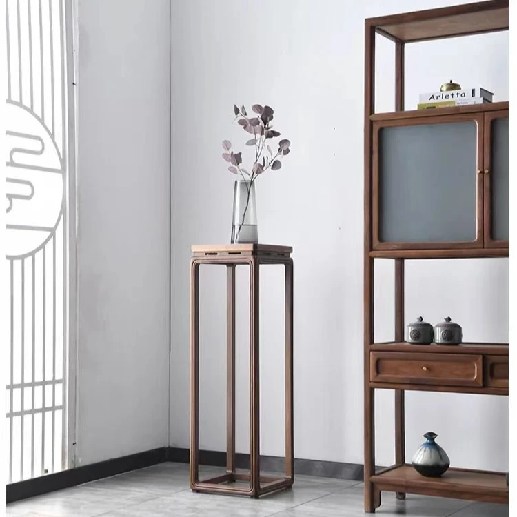 （原木）新中式禅意北美黑胡桃开光花架客厅简约落地花几边几