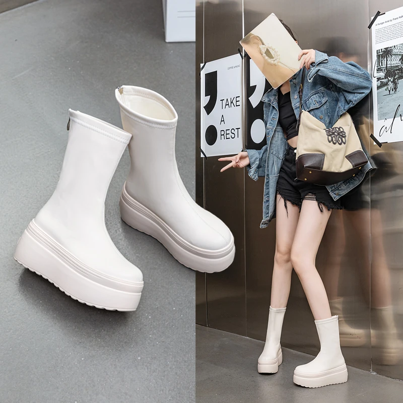 中筒马丁靴女鞋2024年秋季爆款时尚厚底增高8公分便携后拉链简约