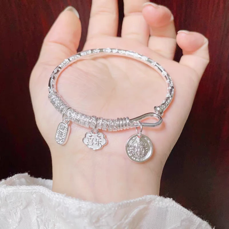 9999纯银盘缠银手镯女平安喜乐财神吉言锤纹首饰女款