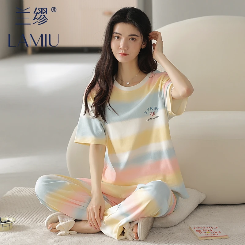 睡衣女款爆款100%纯棉短袖长裤卡通可爱薄款舒适家居服可外穿