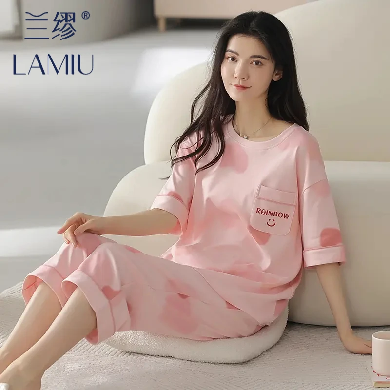 兰缪睡衣女夏季纯棉夏天短袖两件套100％全棉甜美七分裤薄家居服