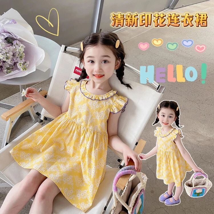 女童裙子夏季薄款2023新款儿童洋气时髦夏装女宝宝飞袖纯棉连衣裙