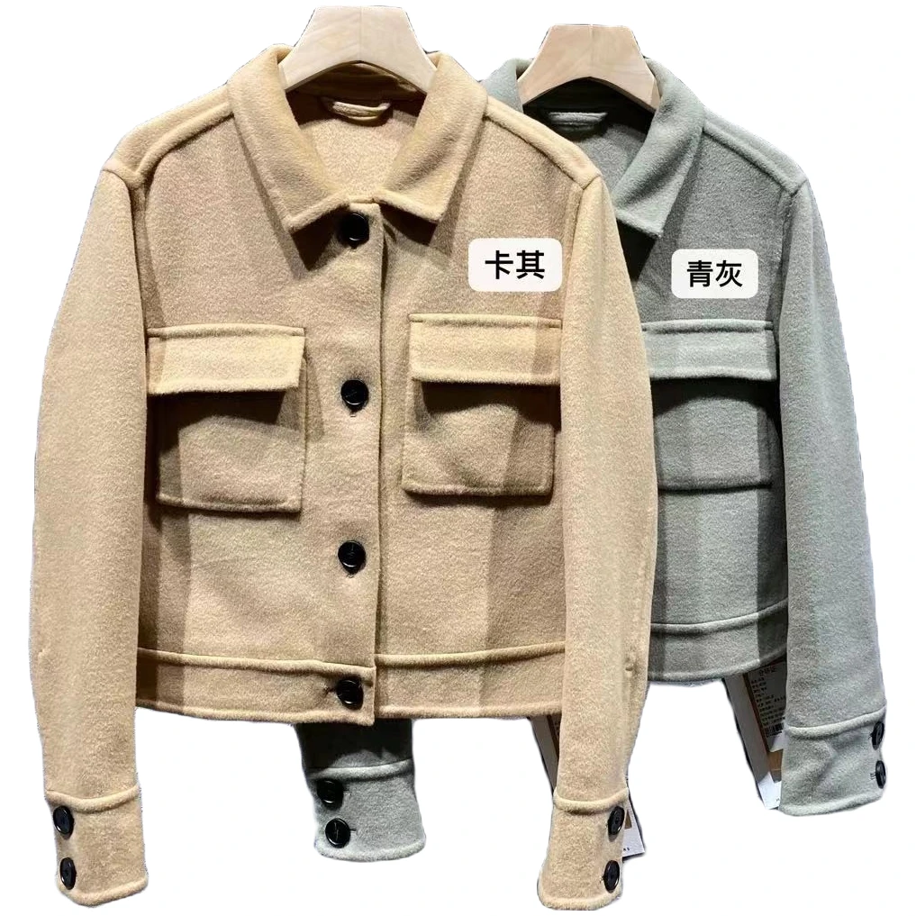 MF-567新款经典双口袋短款羊毛短款外套女士翻领秋冬双面休闲时尚