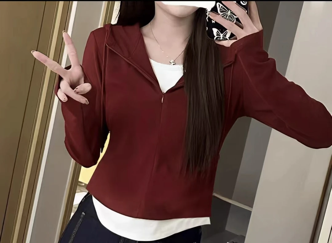 【现货+运费险】24年新款上衣时尚百搭拉链V领假两件连帽气质外套