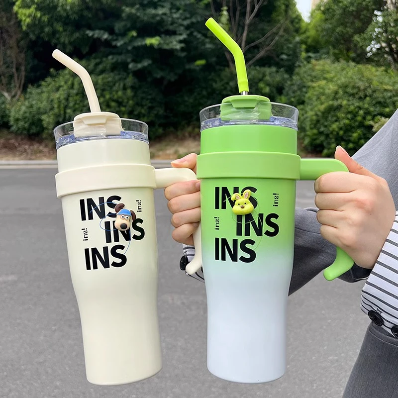 保温杯女生高颜值水杯大容量2024新款冰霸杯带把吸管杯不锈钢杯子