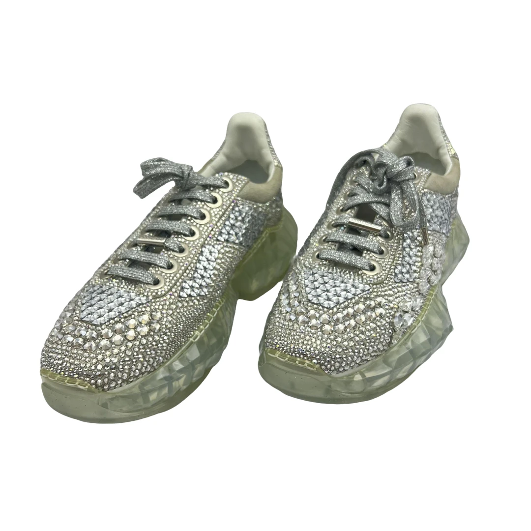 JIMMY CHOO/吉米周金属感麂皮低帮运动鞋 36.5码无盒厚底系带亮钻