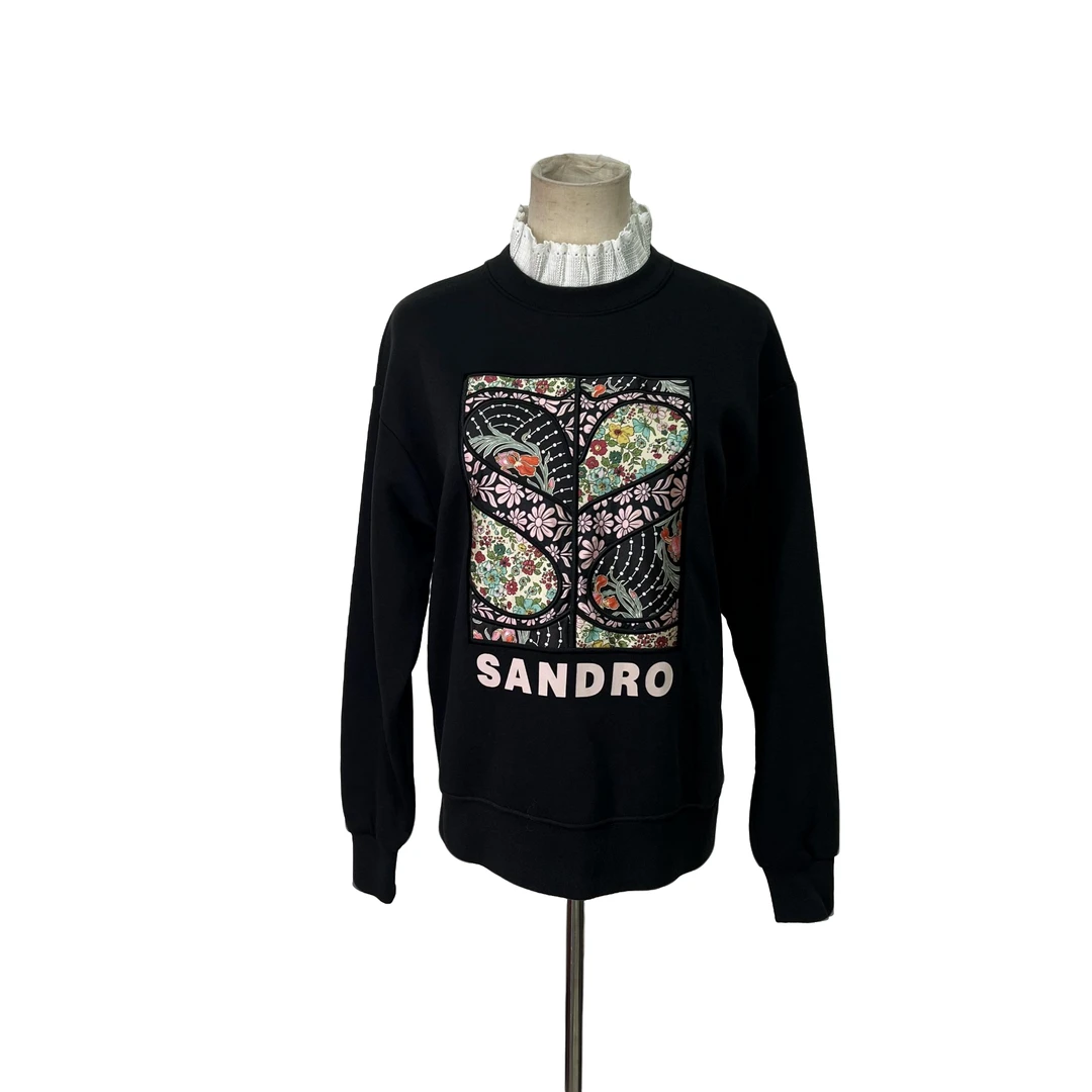 全新未使用 SANDRO 法国Sandro可拆花边领刺绣花卉加绒套头衫 0码