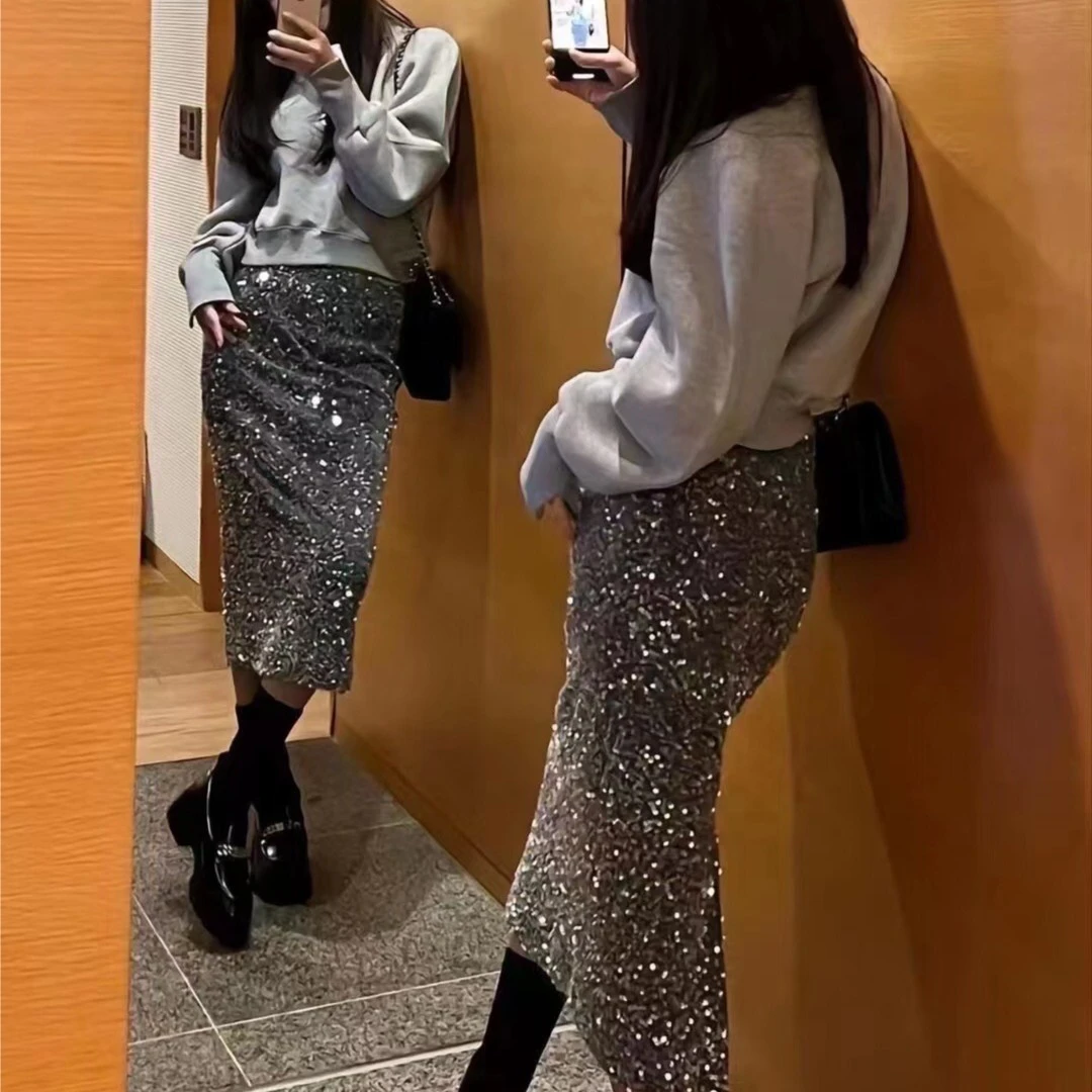 半裙显瘦秋冬裙子高腰气质韩版百搭中长款时尚亮片长裙金丝名媛96