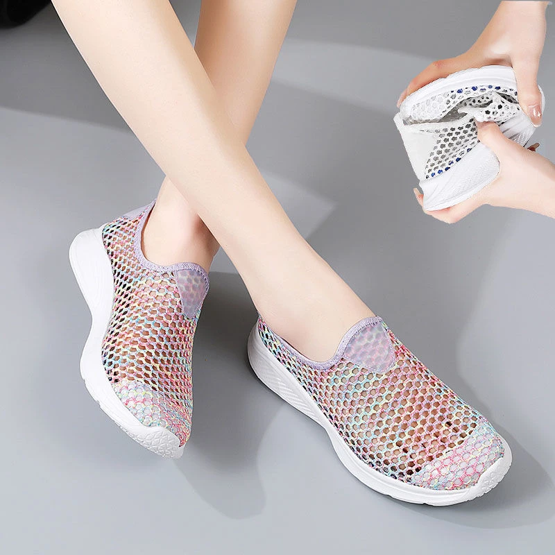 2024夏季透气跑步鞋女运动鞋镂空软底轻便健步鞋百搭防滑妈妈鞋