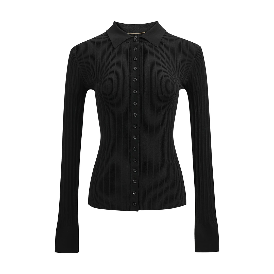 想想专属 黑色高级感气质polo衫上衣女2024早秋新款长袖内搭针织