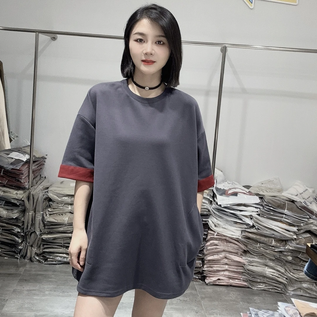 LMM 9983 新款圆领设计感卷边撞色宽松大版中袖T恤衫女