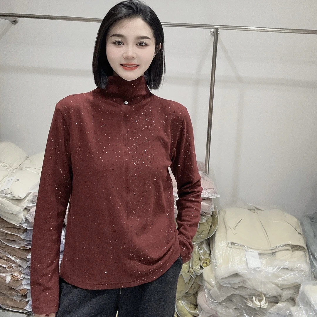 LMM 2273 加厚加绒新款韩版时尚百搭钉扣半高领亮晶晶显瘦T恤打底