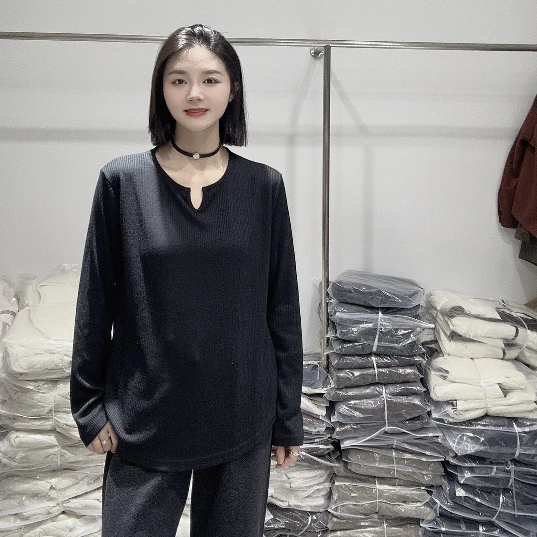 LMM 2181 新品剪刀领套头长袖T恤女通勤宽松版显瘦百搭休闲