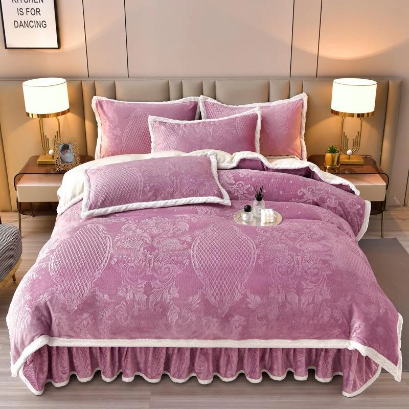 加厚床裙牛奶绒四件套床单被套秋冬季雕花牛奶绒床上用品三件套H
