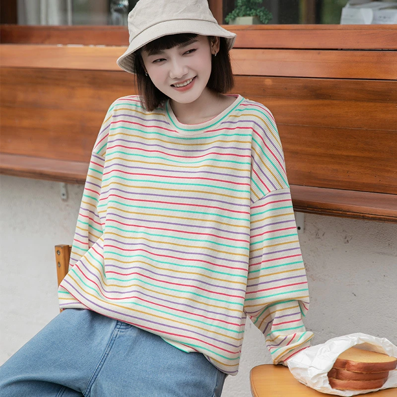 上衣春秋长袖宽松条纹圆领韩版套头针织时尚休闲百搭薄款秋季2025
