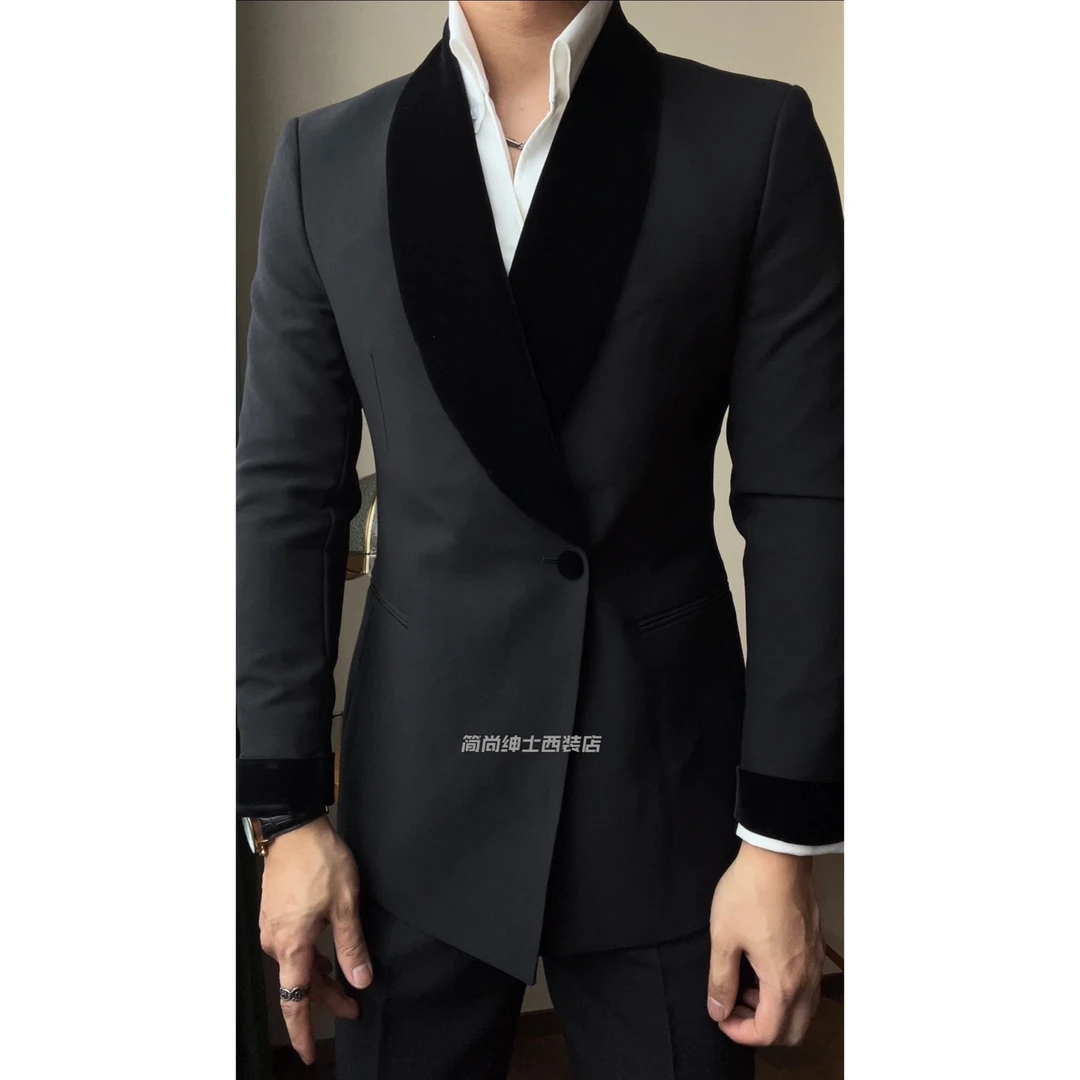 新款男士修身黑色气质潮流时尚款青果领西服套装-6121