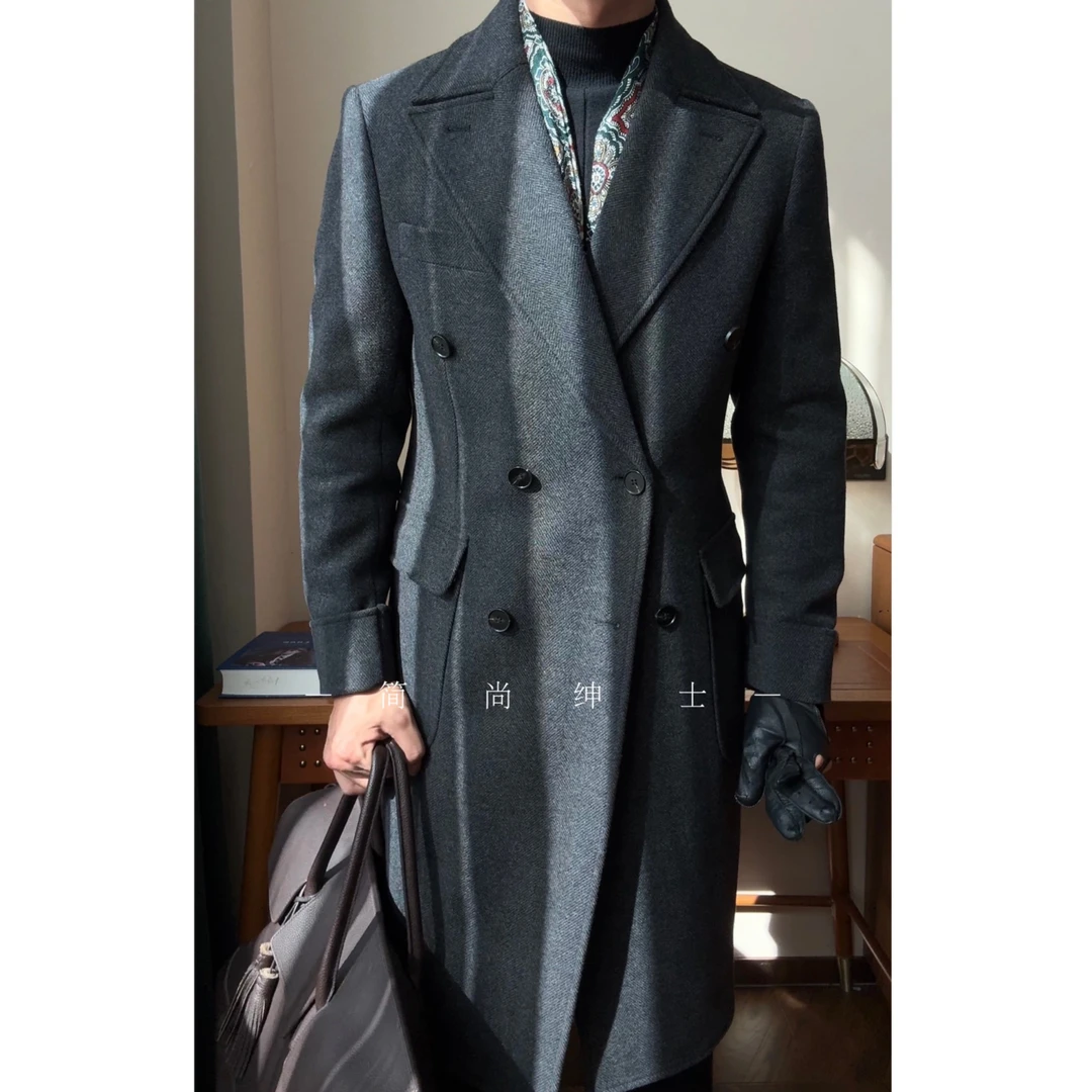 秋冬厚款英伦风马球羊毛大衣商务绅士款大翻领双排扣羊毛大衣1014