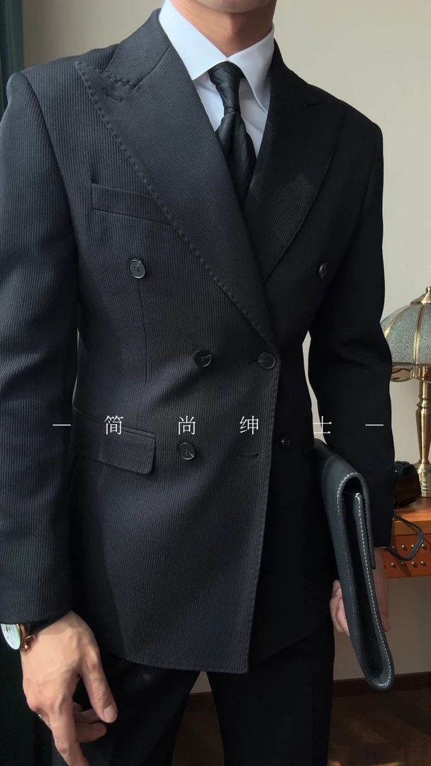 上新轻奢休闲结婚绅士男士肌理纹双排扣西服套装西装661