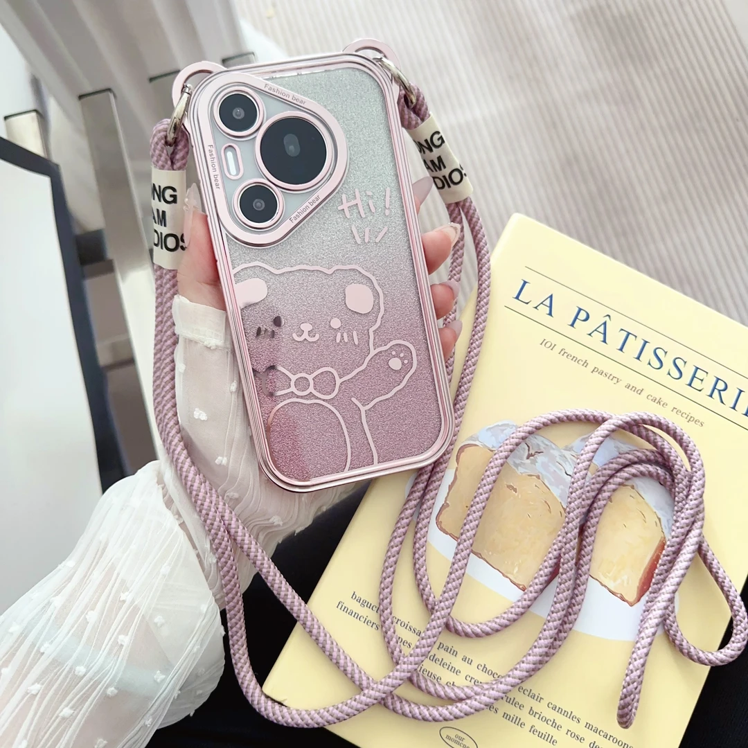 适用华为pura70手机壳闪粉小熊70ultra斜挎挂绳mate60pro可爱女款