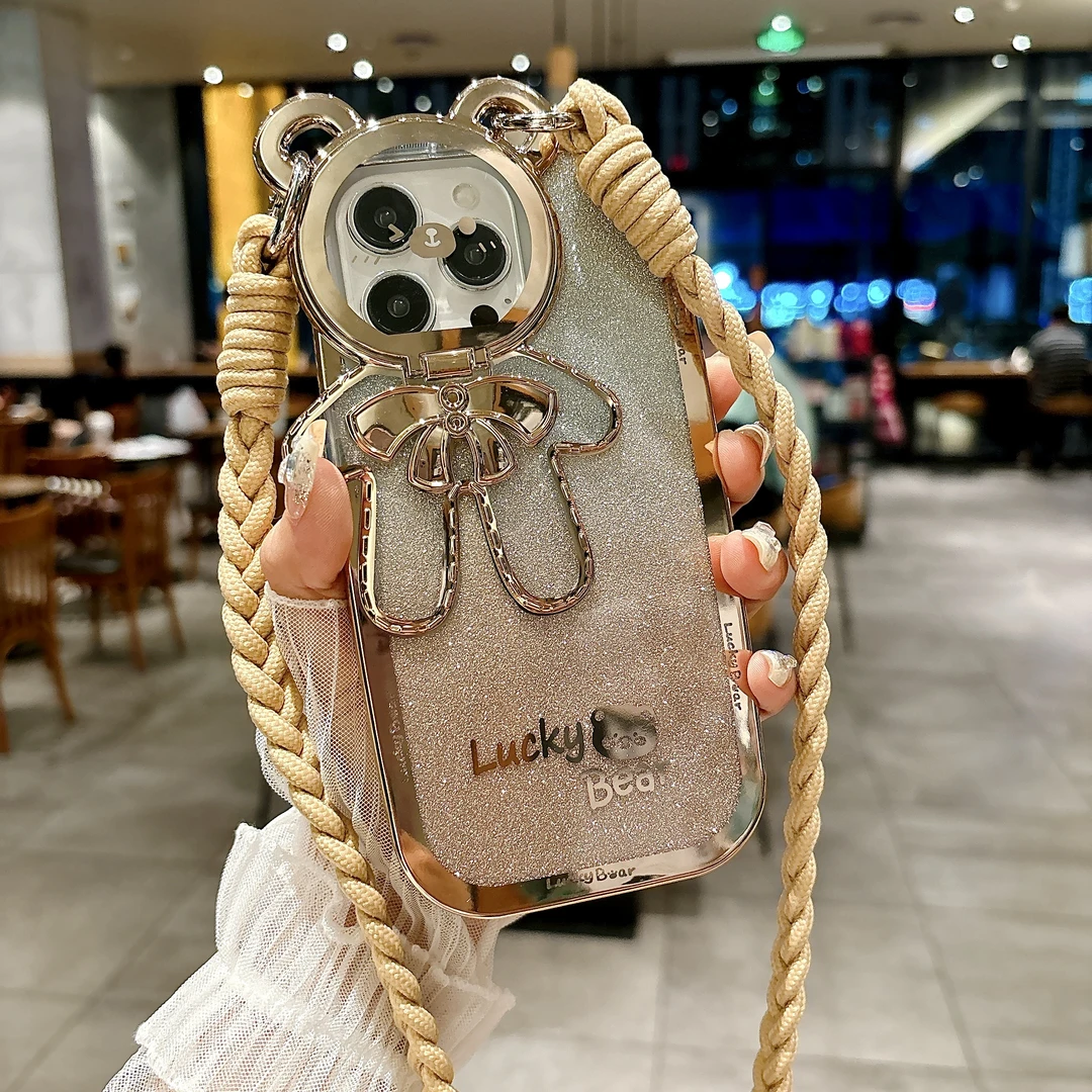 闪粉小熊适用苹果15promax手机壳斜挎挂绳iphone14网红女13背带12