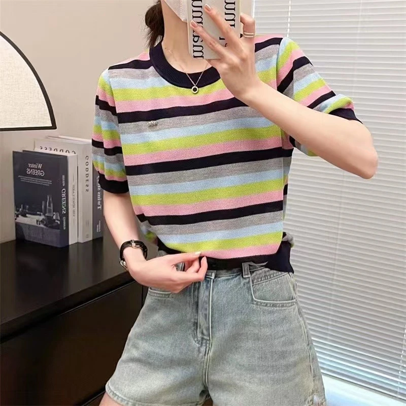 【橘子定制】100莱赛尔天丝百搭撞色条纹薄款显瘦气质针织衫805