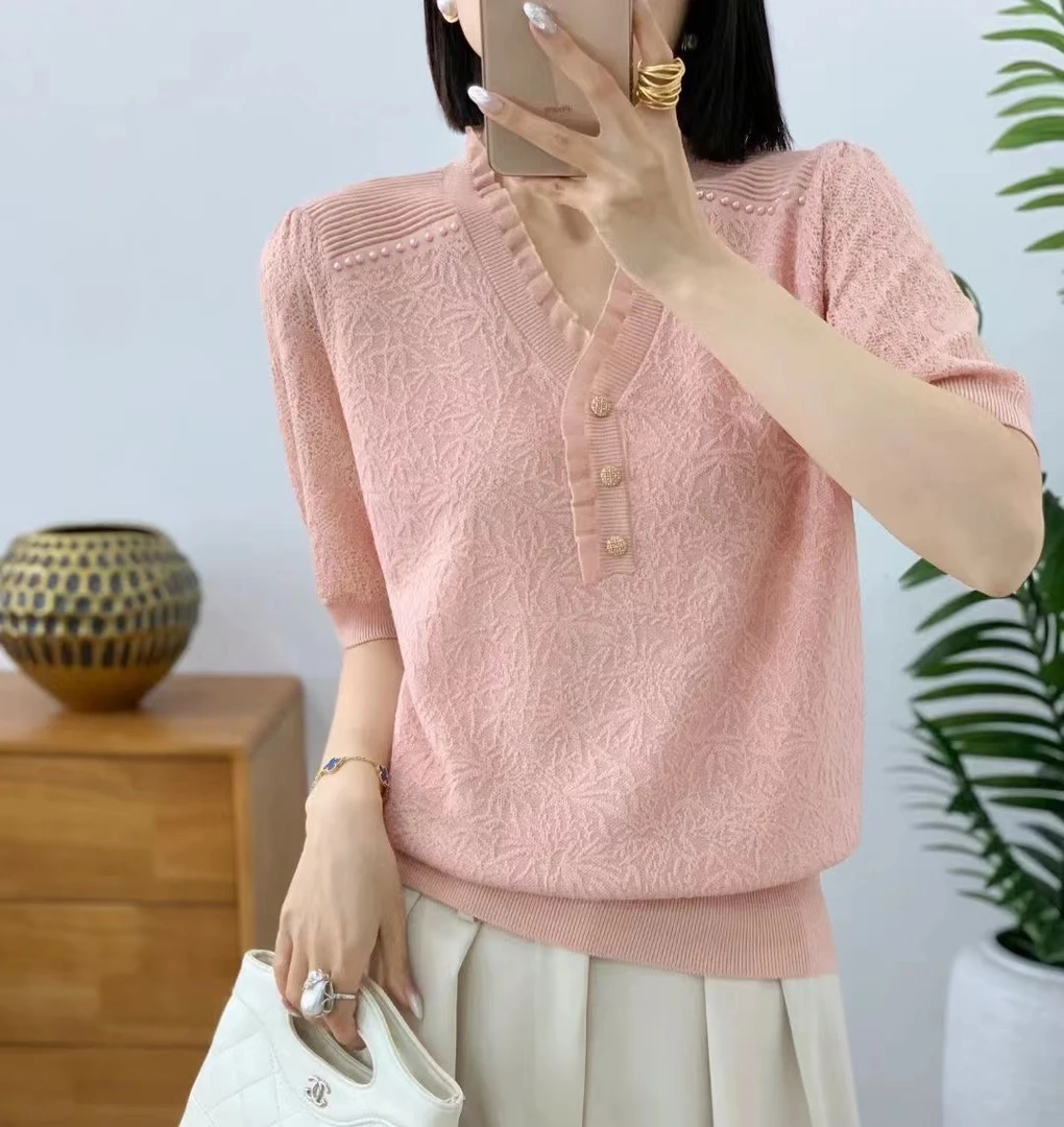 【橘子定制 】肩部钉珠莱赛尔100 提花时尚气质显瘦V领针织衫881