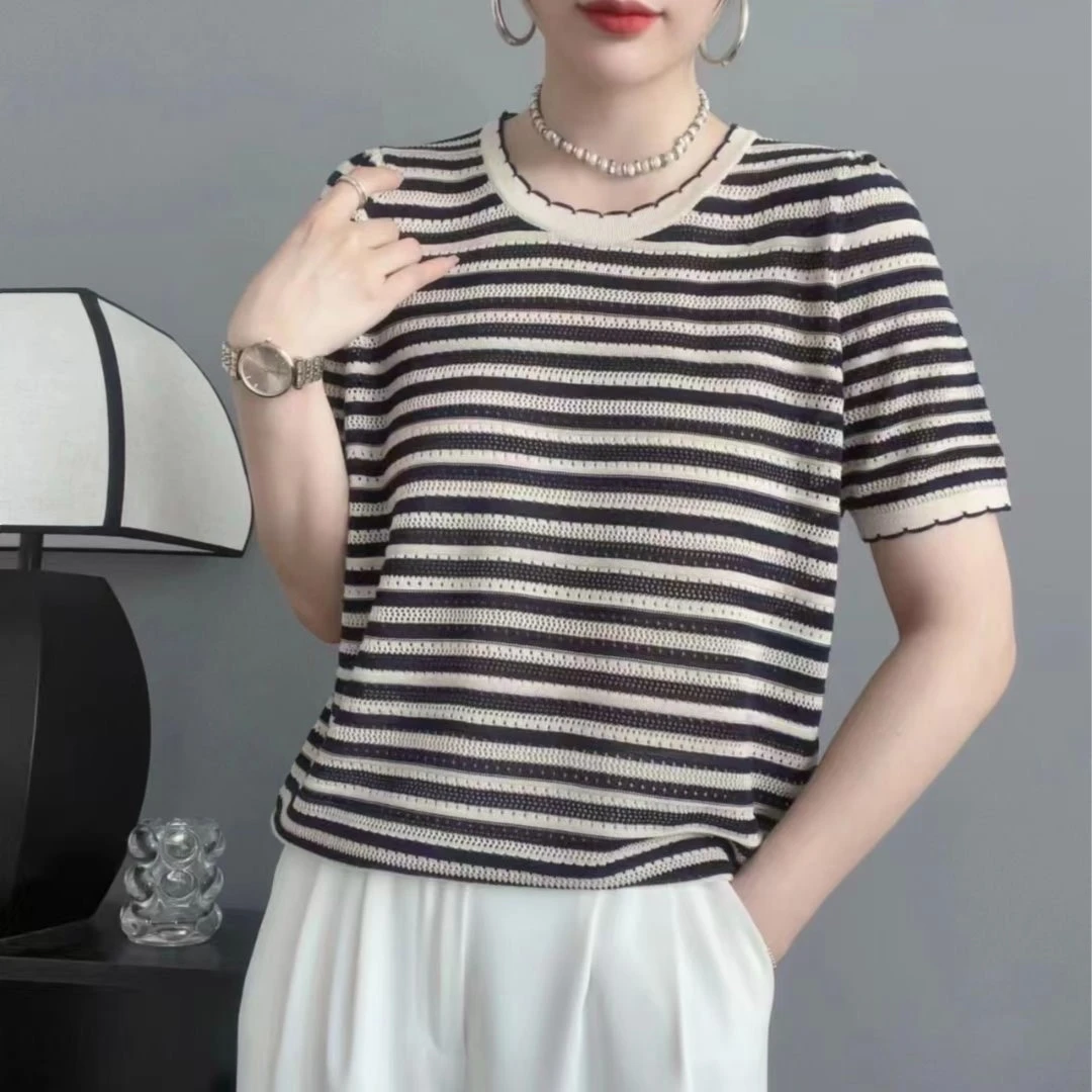 [橘子定制]时尚百搭条纹显瘦气质薄款针织上衣806