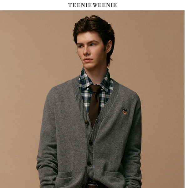 小熊男装针织开衫2024冬季新款潮流V领羊毛混纺毛衣TNCK247801N