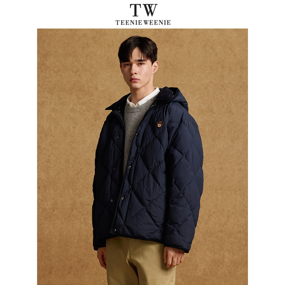 小熊男装羽绒服2024冬新款菱形宽松连帽休闲潮流外套TNJD244T02K