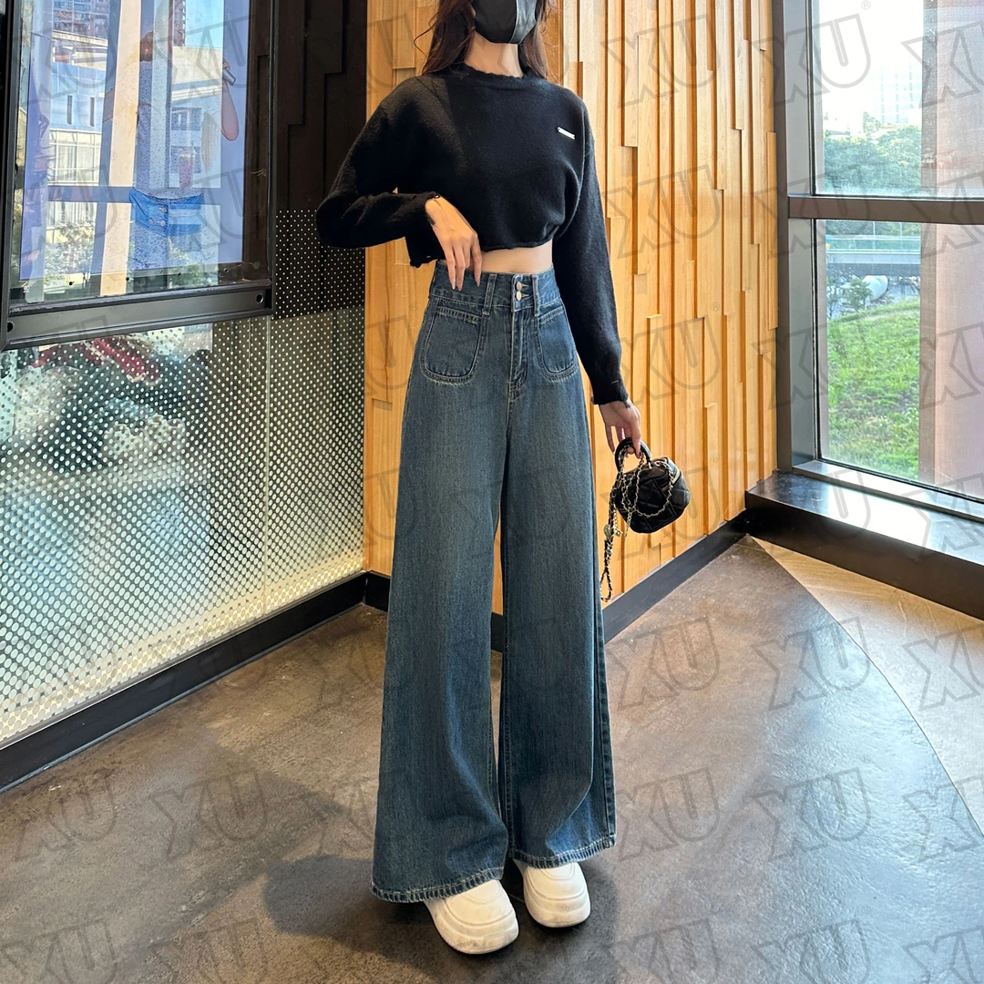 7276 Q【磨毛】秋冬复古阔腿牛仔裤女高腰显瘦直筒拖地裤7276