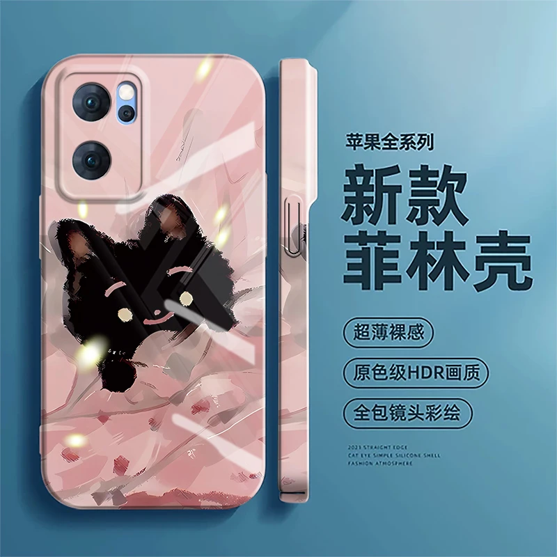 适用OPPOReno7手机壳黑猫新款菲林壳网红潮情侣高级卡通创意防摔