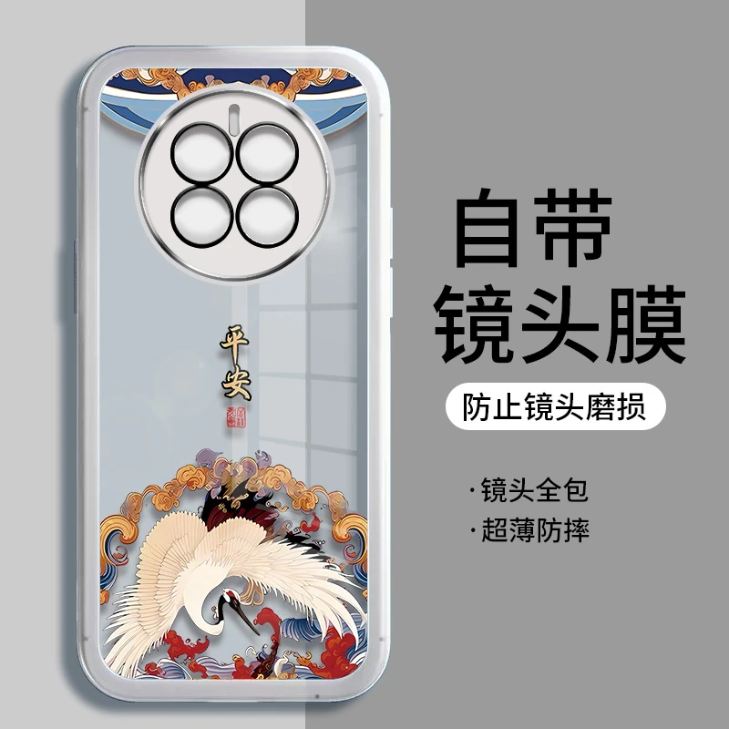 适用华为mate50手机壳mate50pro新款仙鹤透明自带镜头膜保护壳